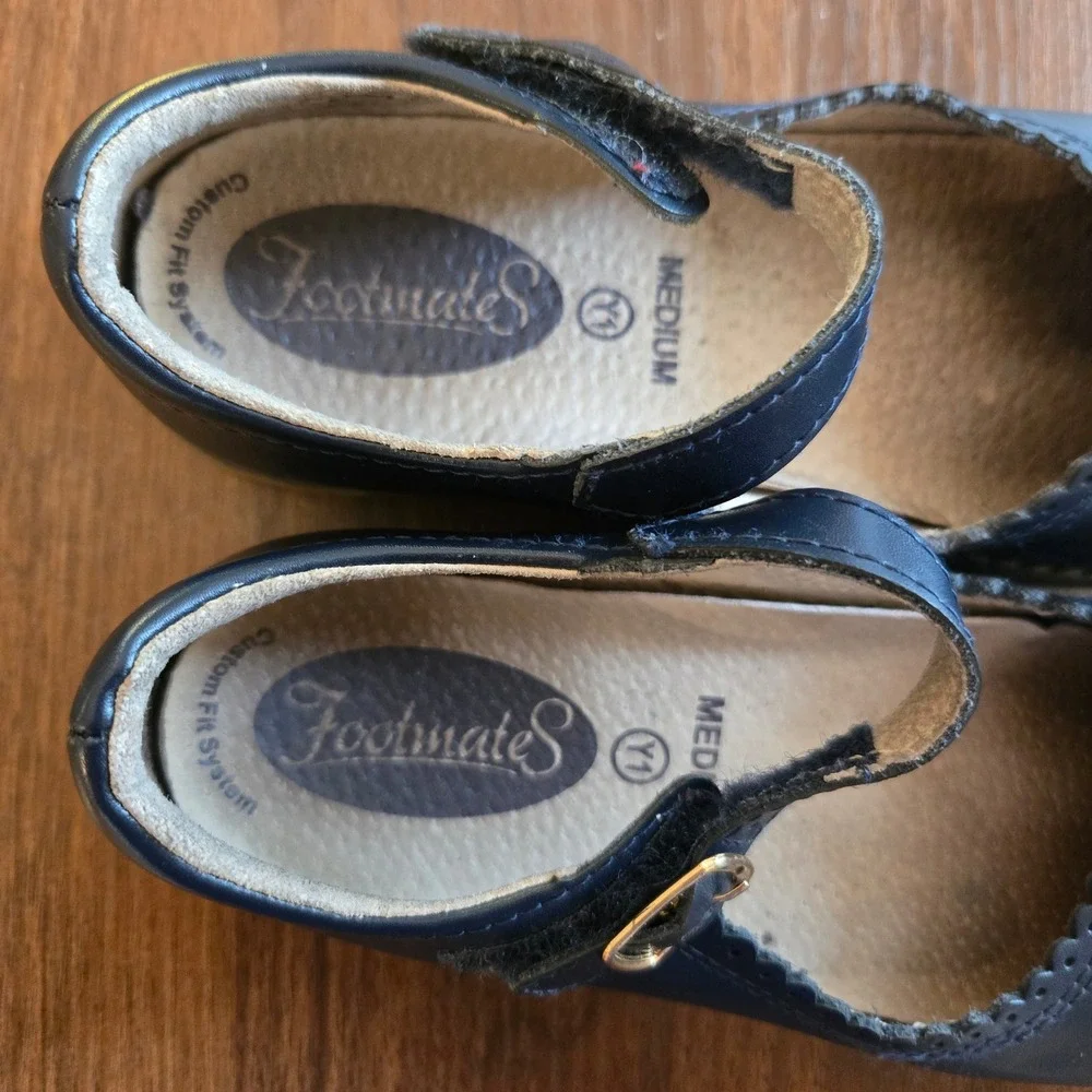 Footmates Girls Navy Blue Leather Scalloped Mary Jane Shoes Size 1Y Medium